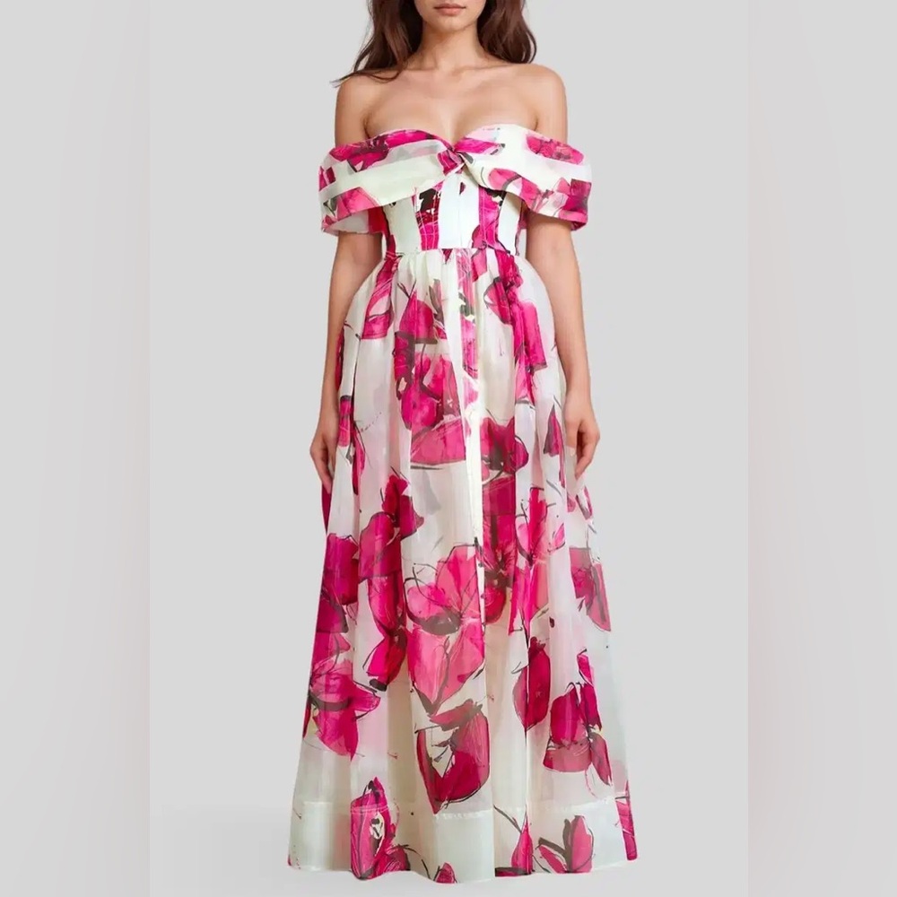 Aje Cordelia Floral Print Bardot Corset Maxi Dress AU6/US2